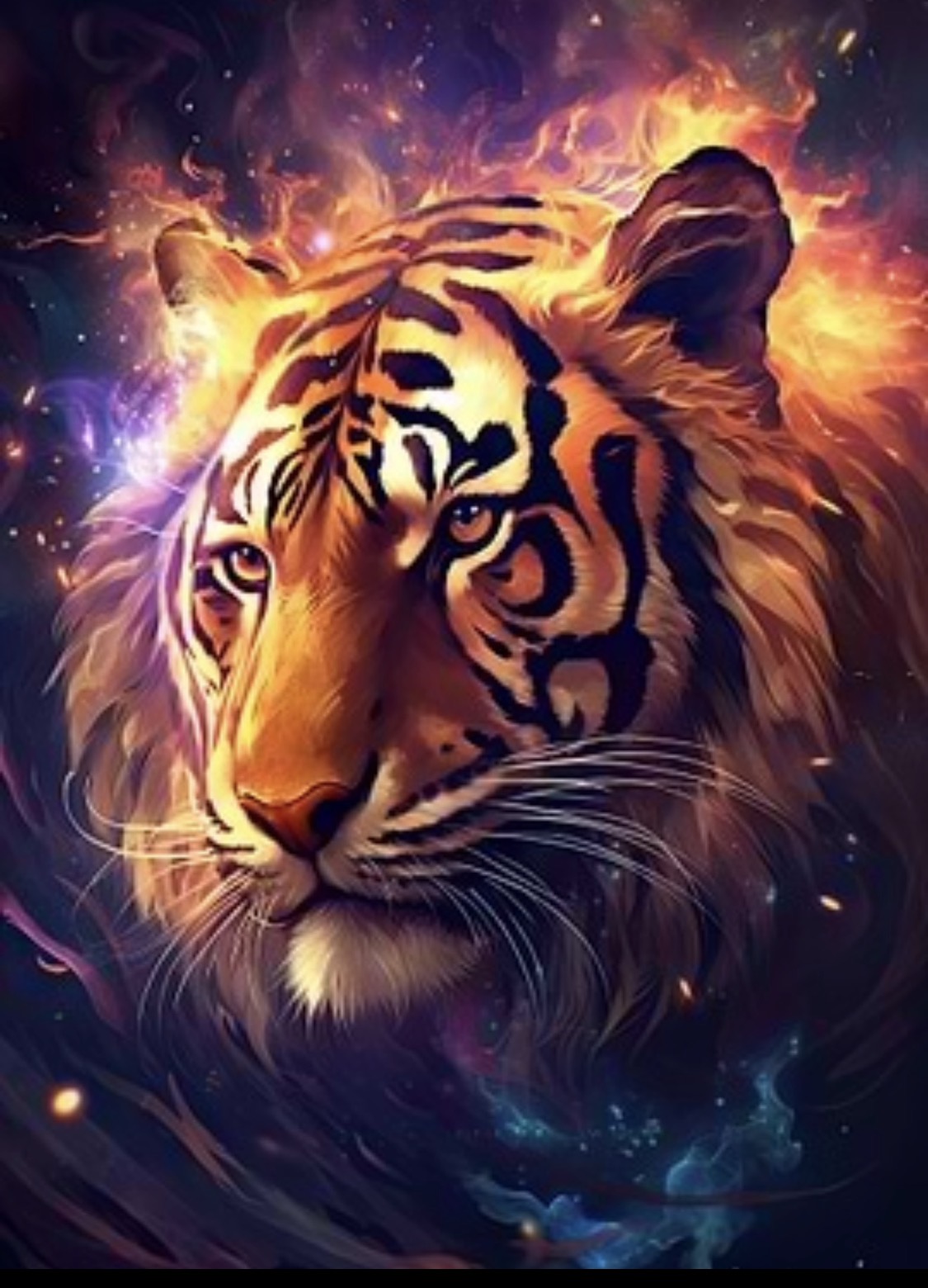 A tiger surrounded by fire and a cosmic night sky