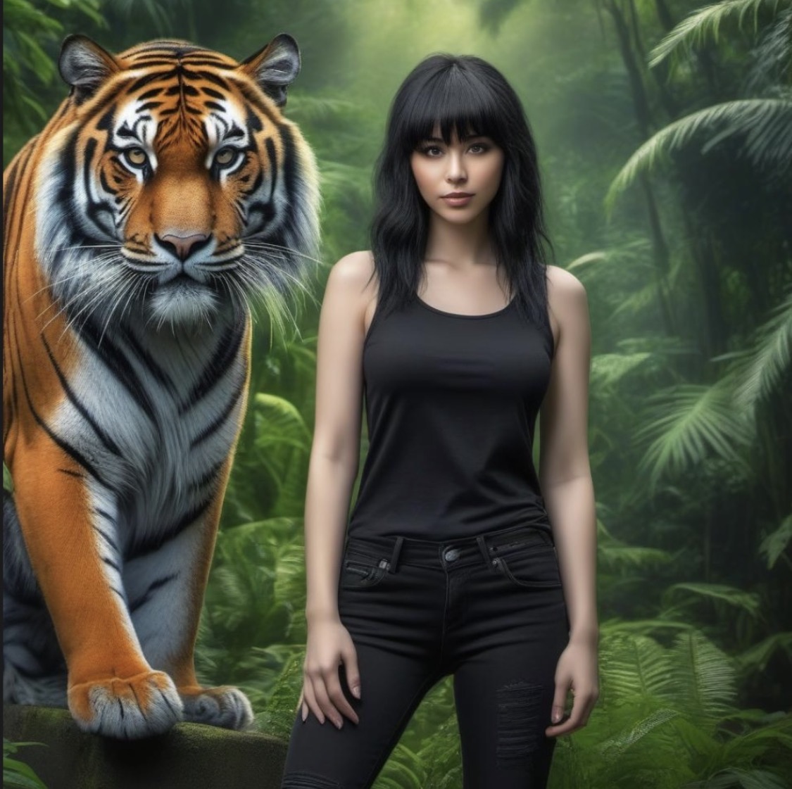 A dark-haired woman standing beside a tiger in a green forest
